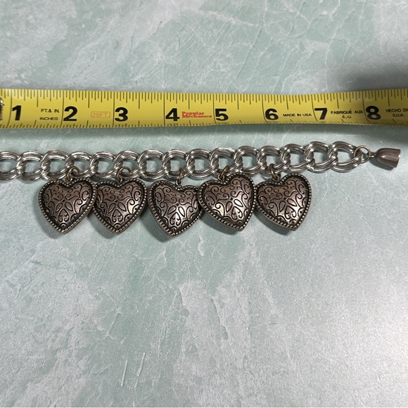 Vintage large heart charm bracelet with links silver tone - Picture 4 of 5